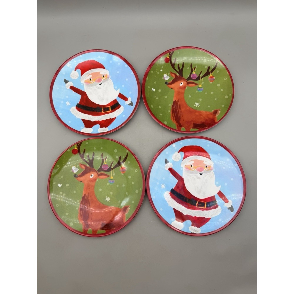 Pottery Barn Kids Cambria Christmas Melamine Plates Set 4 Santa Reindeer 9"